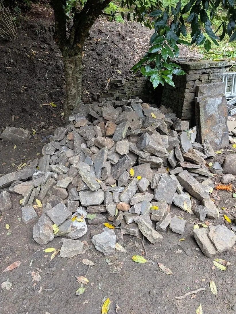 Pile of stones and bricks near a tree in a garden or yard.